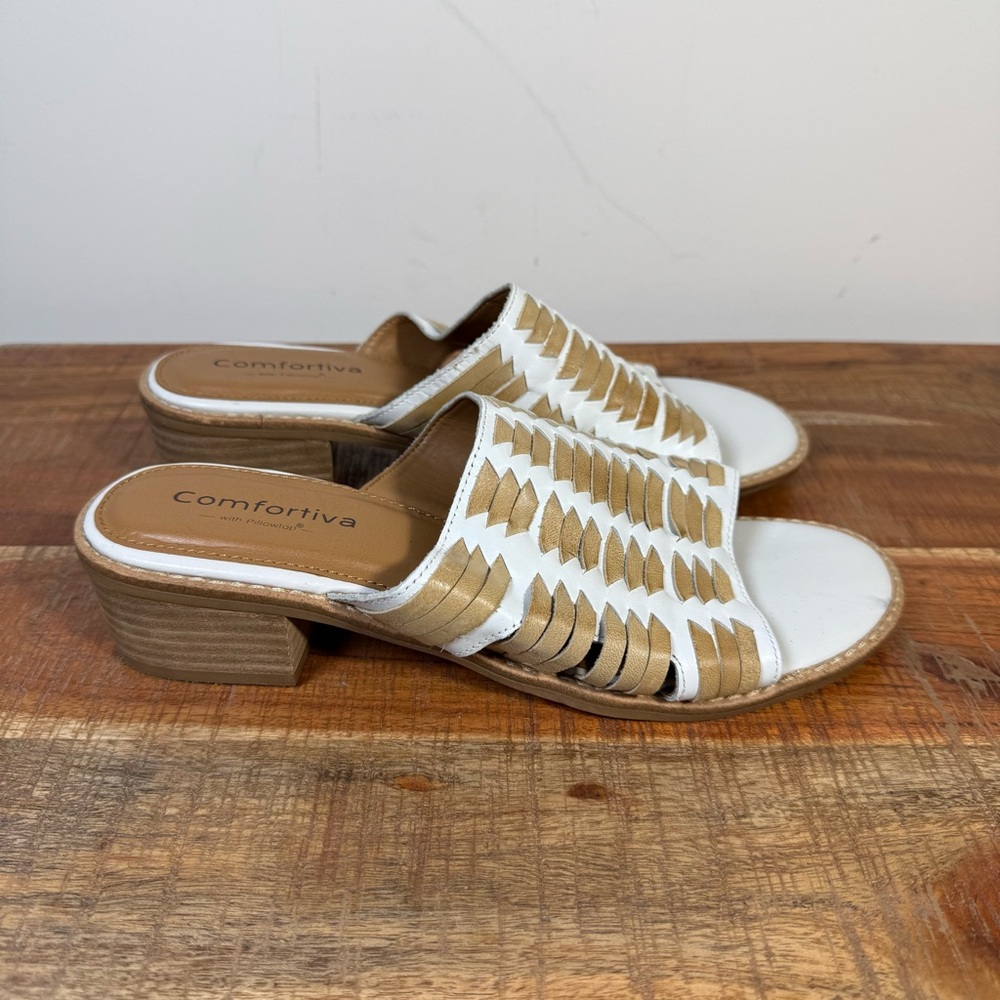 Comfortiva Women's White and Tan Leather Sandals, 8.5